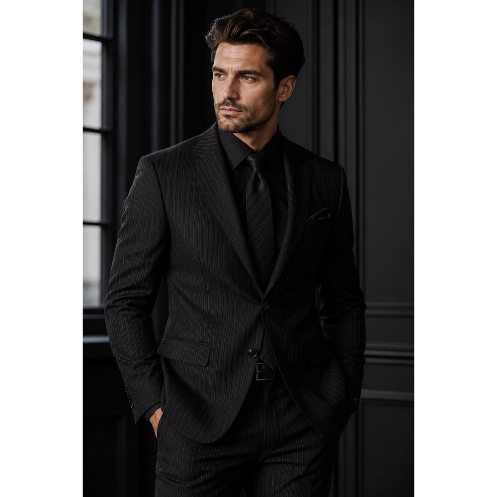 Esserre Mens Pinstripe Suit Black 100% Virgin Wool Italy Dark Academia